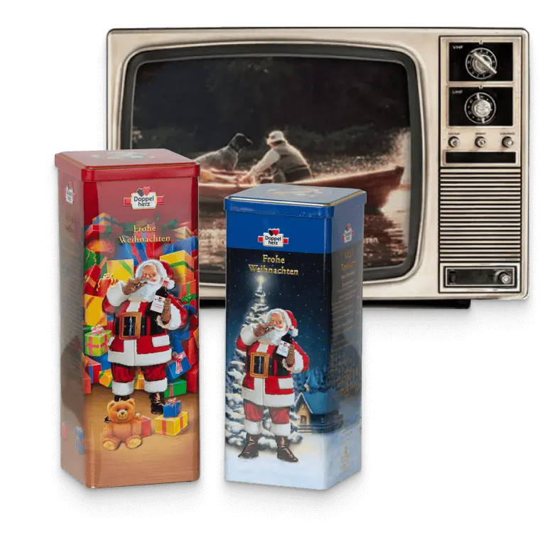 The image features two festive gift boxes prominently displaying Santa Claus, one with a Christmas scene and the other with holiday gifts. In the background, an old television shows a serene outdoor scene with two people in a boat. The overall theme conveys a warm holiday spirit.