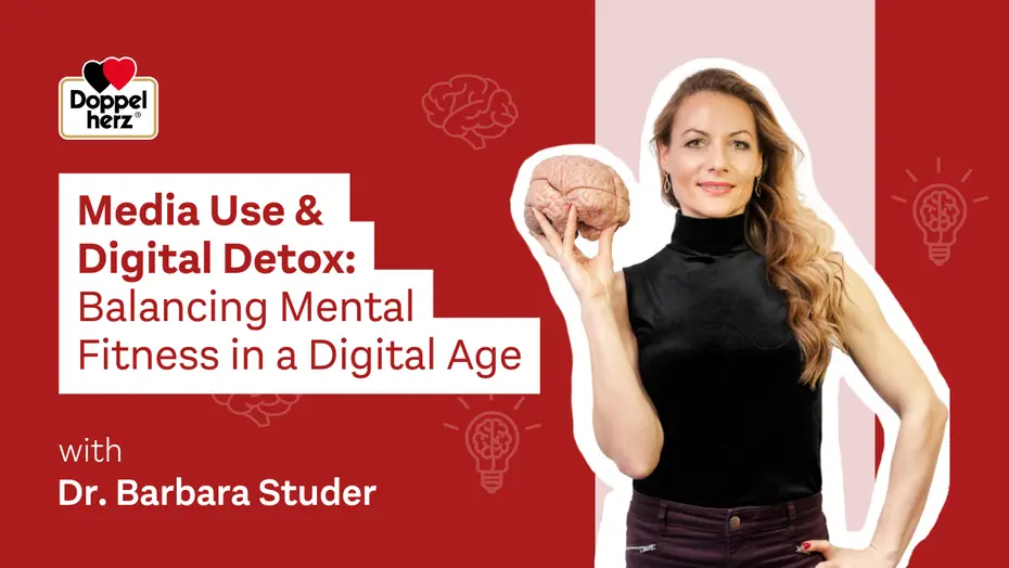 A woman holds a model brain while standing against a colorful background. The text overlay reads, "Media Use & Digital Detox: Balancing Mental Fitness in a Digital Age" with a mention of Dr. Barbara Studer. The image emphasizes the theme of mental health in the digital era.