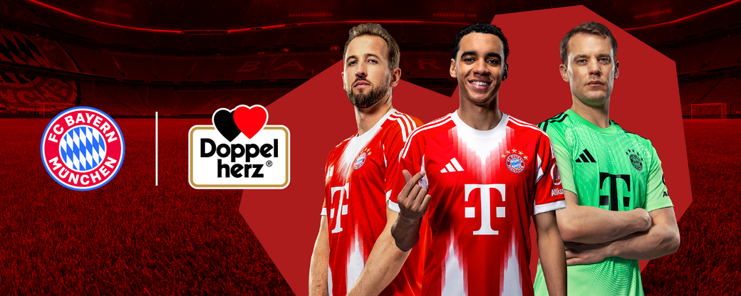 Three football players from FC Bayern München are posing together, wearing the team's red and white jerseys. They are standing against a vibrant red background featuring the team logo. The brands "Doppelherz" is also present in the image.