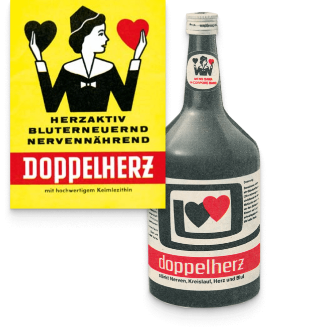 The image features two items related to "Doppelherz." The top part shows a vintage advertisement with a woman holding two red hearts, along with the text promoting the product's benefits. The bottom part displays a bottle labeled "doppelherz," indicating it supports health and vitality.