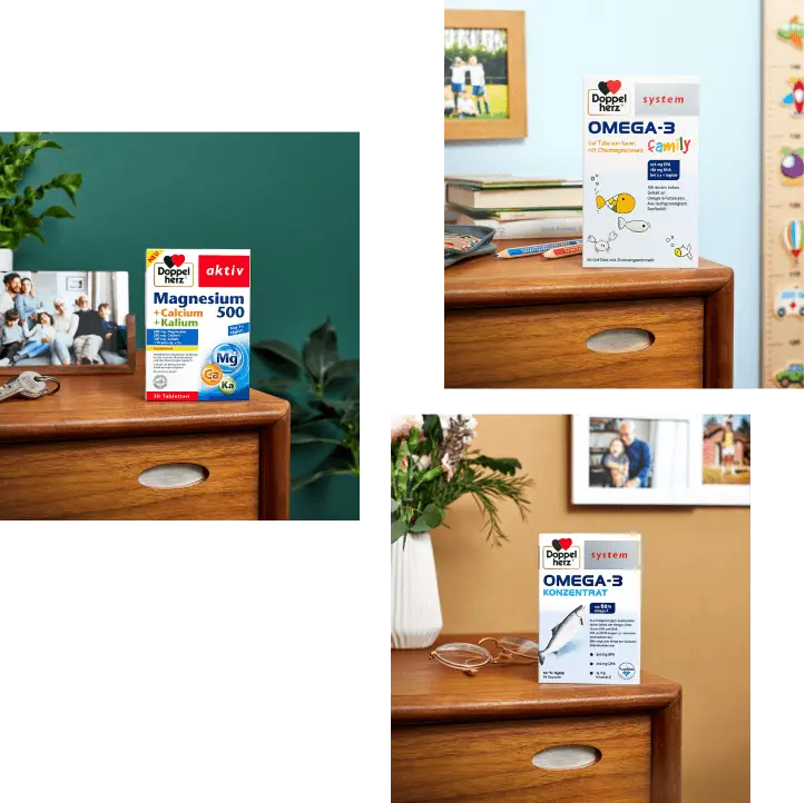 The image features two boxes of dietary supplements. The top left shows "Magnesium 500" with its packaging design. The bottom right displays "Omega-3" in two variants: "Family" and "Concentrate." Both products are placed on polished wooden surfaces with various backgrounds.