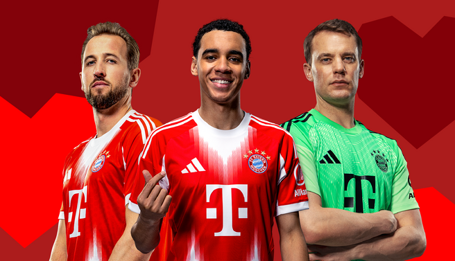 Three football players from Bayern Munich are featured, wearing their team jerseys: one in red, one in red with a white collar, and a goalkeeper in green. They are posing confidently against a red background, highlighting the team's vibrant colors.