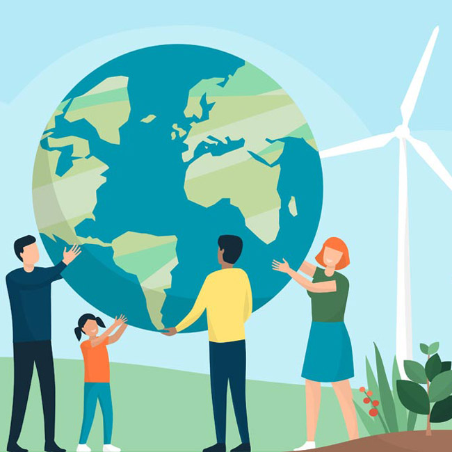 A diverse group of three people and a child hold up a large globe symbolizing Earth. They stand on green grass with wind turbines in the background, conveying a message of environmental awareness and unity in protecting the planet.